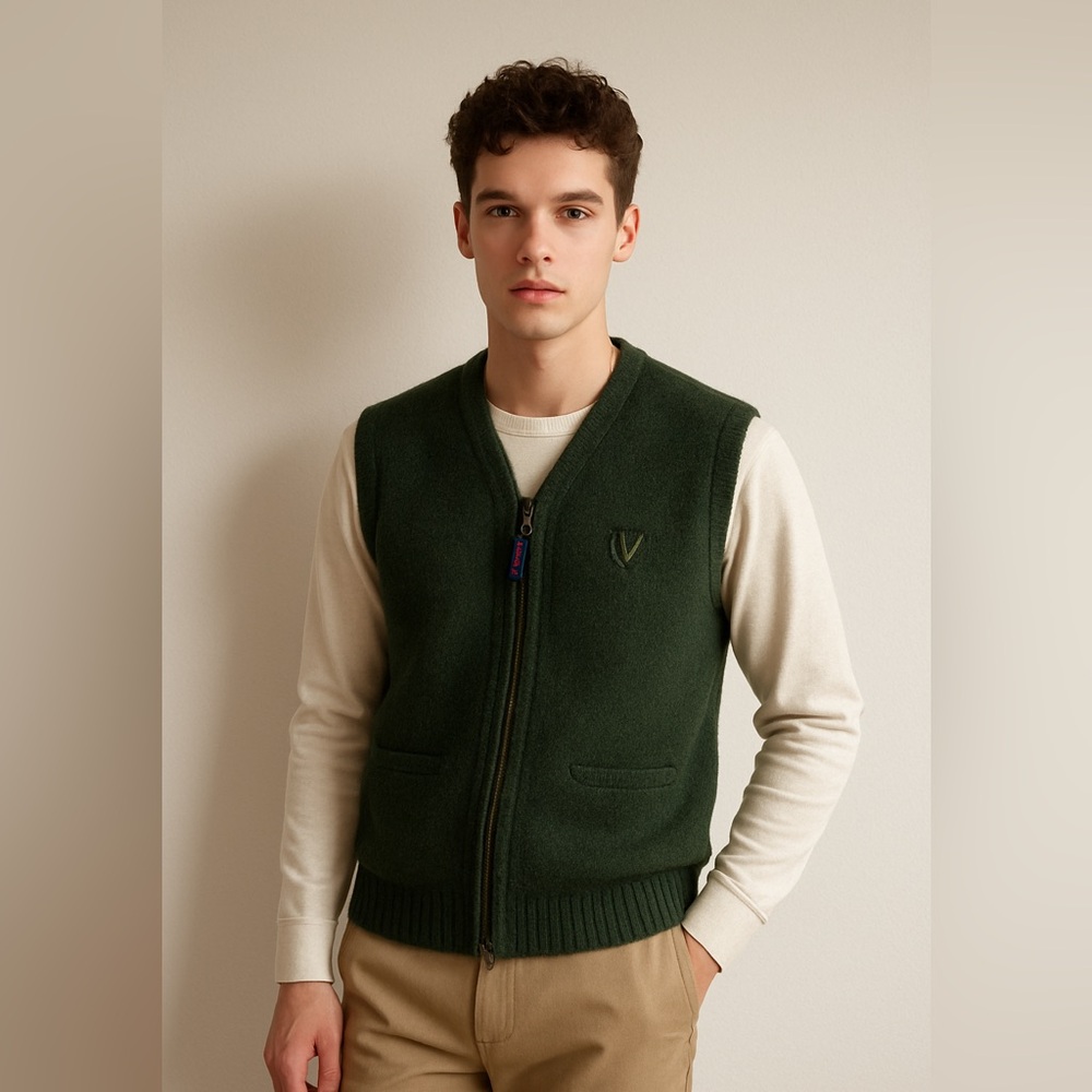 Vintage Vuarnet France Men’s Wool Vest Size Large Forest Green Zip Pockets Rare